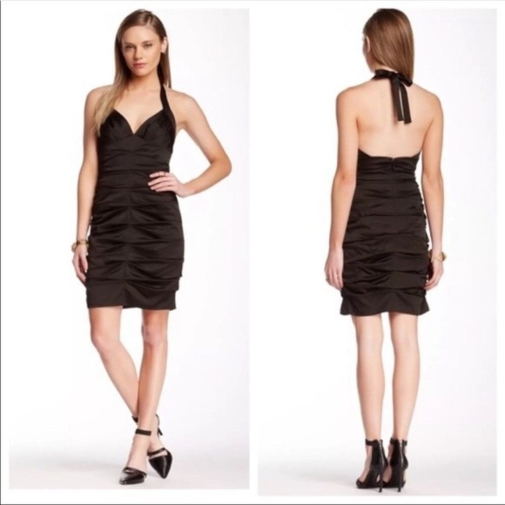 BcbgMaxAzria Black Silk Ruched Halter Dress